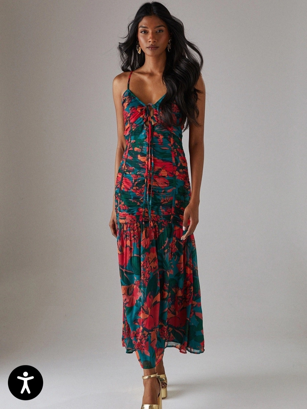 Tie-Front Floral Maxi Dress in Teal and Red